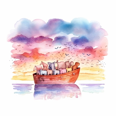 A serene watercolor illustration of Noah's Ark at sunrise. The sky blazes with a palette of pinks, oranges, and purples, reflecting on the calm ocean waves. The Ark, filled with pairs of creatures looking out in awe, sits prominently in the foreground, White background, vector, minimalist, contour, clipart