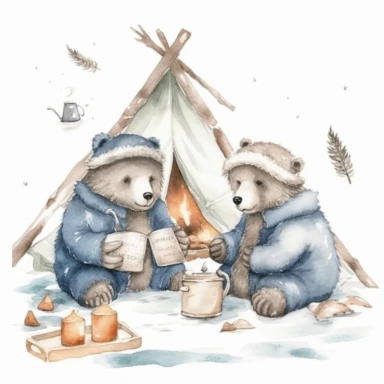 Cute winter Watercolor Clipart , cute 2 Bears enjoy winter fishing at igloo,eskimo style costume, snow winter ,white background, cozy, Hand drawn illustration, naive drawing style, Delicate pencil drawing texture, white background for removing background