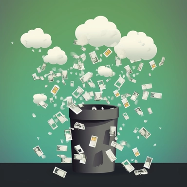 cloud waste, cloud computer icon, server icon, database icon, dollar bills, falling from sky to a trash can, clip art, vector illustration, 8k resolution