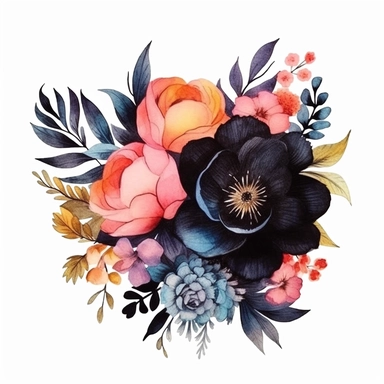 watercolor, handpainted black boho floral clipart, transparent background, spaced out--ar 3:2