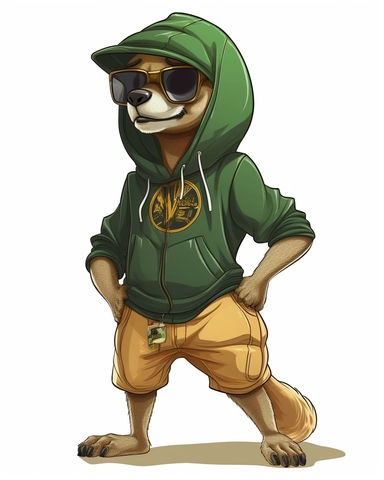 meerkat bro waering a green hoody, sunglasses, baseball cap, gold chain, tshirt design, full body, standing in his hind legs, comic, highly detailed clean, vector image, flat white background, clipart, illustration,