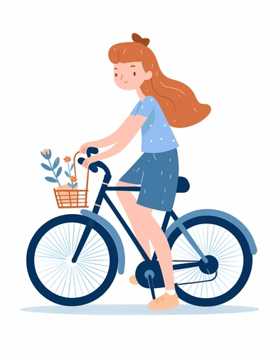 simple minimalist cute girl in blue overalls riding a bicycle in clipart style