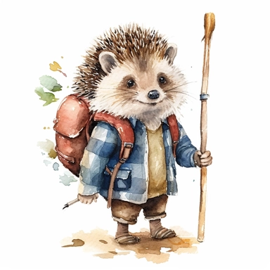 one hedgehog holding a cane and carrying a backpack Watercolor clip art on a white background, in the style of charming character illustrations, realistic brushwork, detailed costumes, adventurecore, cottagepunk, handheld, wallpaper , no watermark, text, 300 DPI , typography, shapes do not stick together, no text in the picture, on a white background