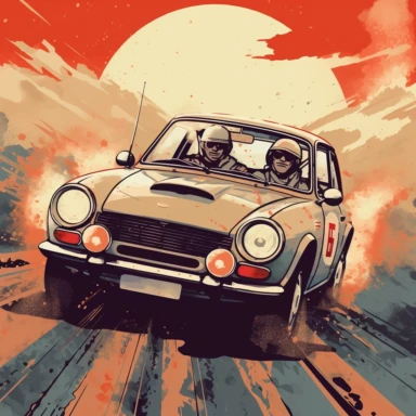 Clipart of a Retro Rally racing Vehicle on the dirt, with a yazuka member driving while guided by another yakuza member as the co-driver. It's raining and its noon, the mood is instense but fun