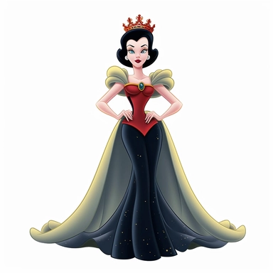 FULL-BODY PERSPECTIVE OF A 2D DISNEY CLIPART ILLUSTRATION OF A BEAUTIFUL AND BENEVOLENT QUEEN, WHITE BACKGROUND, STYLE OF DISNEY'S 1937 MOVIE SNOW WHITE, WHITE BACKGROUND