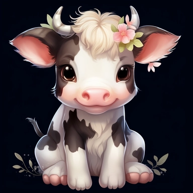 cute happy looking baby cow with flowers, disney style clipart on white background