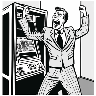 retro cartoon comic of [celebrating manager withdrawing money at the ATM], black and white vintage art clipart illustration, white background