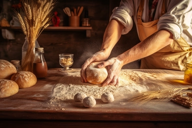 hands of a cook kneading bread dough, wooden table, background: rustic kitchen, spikelets are lying near, flour is poured, eggs, seeds, cumin are lying near, sunflower oil is in a special dispenser, realistic light, dust from flour is in the air, photo clipart, super detail, vignetting, shot with Nikon D3000, unreal engine,