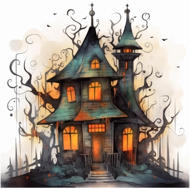 watercolor style, spooky halloween haunted house clipart, haunted house decorated in creepy Halloween style decor, whimsical Halloween witch house, isolated on white background, 4K, dark, night scene, green and orange color scheme