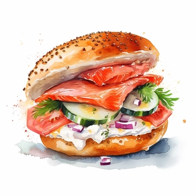 watercolour, clipart, white background, a sliced bagel with cream cheese spread on top. You can include toppings like smoked salmon, cucumber slices, or tomato