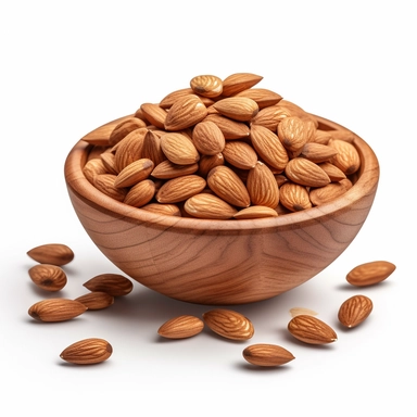 Falling almond isolated on white background with clipping path. Nuts collection in wooden bowl--q 2