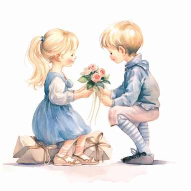 a cute little girl about three years old, with pigtails on her head and blonde hair, wearing a flowing lila dress and socks on her feet, receives a flower as a gift from a cute boy with rosy cheeks about 4 years old, who is in love in her and she is verry happy about it, babyblue, lila, white aquarell, clipart