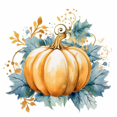 Watercolor pastel boho fat pumpkin with gold ornate watercolor sitting on pumpkin leaves white background. clipart