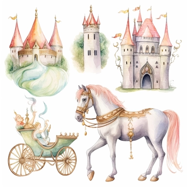 Watercolor illustration clipart set castle, princess, cinderella carriage, tiara, unicorn, hd realistic, no background