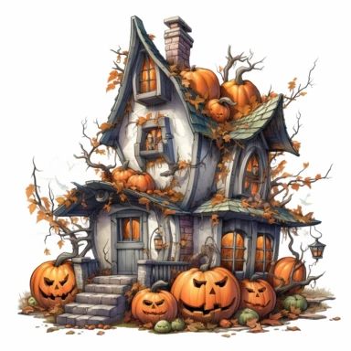 simple fairy Halloween house, pumpkin, horror, clipart, complex, highly detailed, signature design, on white background