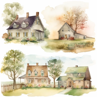 american Country HousesWatercolor clipart Pack