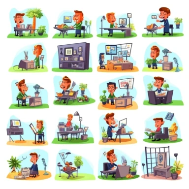 Virtual classroom, set of clipart, cartoon style, isolated white background