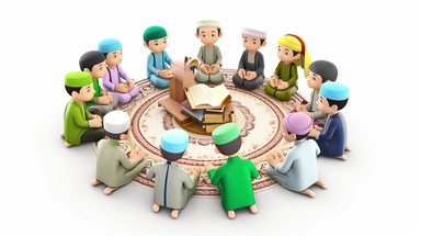 Two cute male children with a group of children, sitting in a circle for memorizing the Qur’an inside mosque, light and shadow,3d Cartoon character, full color, detailed photo, , clipart drawing, clipart image, high definition drawing, clean colors, balanced colors, detailed drawing,
