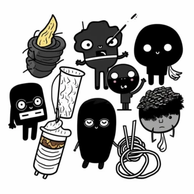 a set of black line clipart inspired by ramen and stickers and Lego and Funko Pop toys
