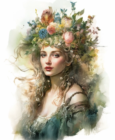 watercolor mixed media beautiful charming overgrown with flowers and branches and moss beautiful forest witch in the crown, Sparklecore, sparkle glitter, masterpiece by Hans Zatzka, rococo fashion, in the style of 18th century botanical illustrations, isolated on white, PNG clipart, extreme photorealistic details, 32k HD resolution, realistic high detailization high resolution