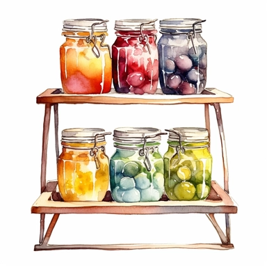 watercolour storage rack with jam jars kitchen, clipart on white background, no watermark, highly detailed, professional color gradation, clean sharpness