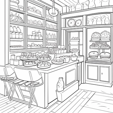 coloring book page, bakery window display, clipart, image of cute bakery, coffee shop, simple and cute, clean and simple line art to paint decorative