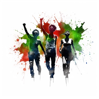 watercolor,hd, clipart,happy, in the style of jean basquiat,group, celebrating Juneteenth,full body, party, freedom,red,black and green, on white background