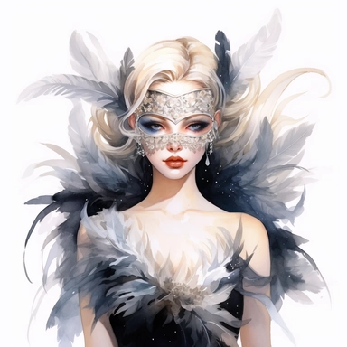 watercolor Barbie as Odette wearing a mask, black dress, feathers, clipart, white background, by Kawacy