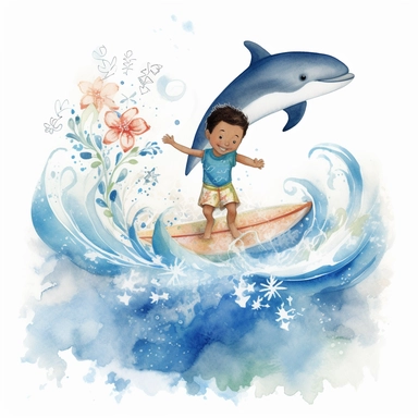 watercolour, adorable, me and the Sea: features an adorable little polynesian boy surfing with dolphins. He is 4 years old, The positive affirmation could be I am confident in my ability to explore the world around me, clipart style
