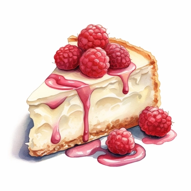 This highly detailed watercolor clipart depicts a heavenly White Chocolate Raspberry Cheesecake on a pristine white background. The artwork showcases the luxurious combination of creamy white chocolate and tart raspberries. The cheesecake is exquisitely rendered with intricate brushstrokes, highlighting its velvety texture and rich flavor. Plump raspberries add a vibrant burst of color, enhancing the visual appeal. Against the clean white backdrop, this clipart exudes an irresistible allure, mak