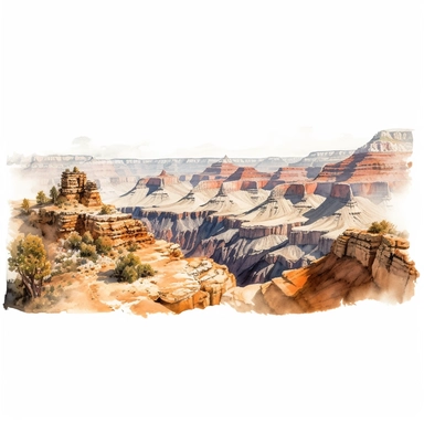 vast panoramic view, full view, illustration clipart, soft watercolor, beautiful grand canyon landscape with trail, sharp focus, high detail, romantic, fantasy, ethereal, transparent background
