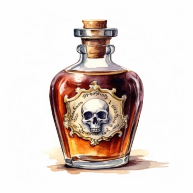 watercolor, hyper realistic, white background, white margins, 16k, ultra detailed clipart, cut out image, hand-drawn a vintage poison elixir bottle with a skull and crossbones symbol, evoking a sense of intrigue and danger. Use a warm and rich color scheme inspired by vintage medicine bottles, with shades of deep amber, antique brown, and subtle hints of gold