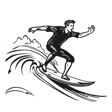 man surfing, simple cartoon image, clipart style, black lines drawing