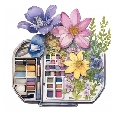 watercolor ultra realistic and hyper detailed illustration of a makeup palette organizer, floral, clipart, white background