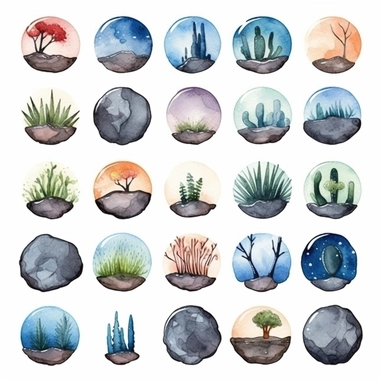 Watercolor wax seal , illustrations clipart set, simple , cartoon elements, rocks, bushes , different variants , , separate elements with a margin