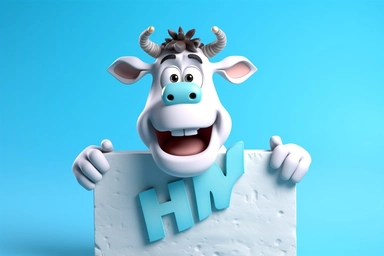 character cartoon cow with banner in clipart 3d image, in the style of unreal engine 5, natalia rak, movie still, matte photo, lightbox, relief, white and cyan