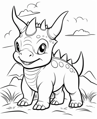 coloring page for 3 year old kids, cute but realistic clipart of a Triceratops, simple background with clouds and grass, side view, japanese anime kawaii style drawing, friendly expressions and poses, minimalistic aesthetic, simple outline art, simple detail, crisp and bold lines, continuous line drawing, black and white only, no shading, no fill, no grayscale, white background, 2D drawing, Coloring page style: Printable coloring page
