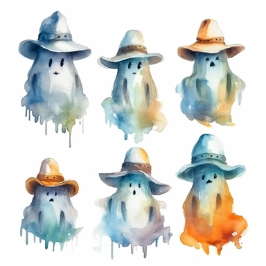 clip art set of ghosts with cowboy hats on, whimsical watercolor painting, separated with white margins between each item, isolated on white background
