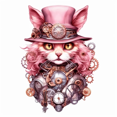 Beautiful Pink Steampunk Cat Sublimation Girl Clipart ,Cartoon,hyper realistic, intricate detail, illustration style,high solution,on the white background