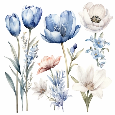 spring flowers bouquets, clipart, tulips, small flower arrangements, watercolor, minimalist, blue and white, Style of Soft edges and atmospheric effects, pastoral charm, embroidery, organic realism, isolated white background, soft focus technique, tattoo-inspired, delicate composition 8k