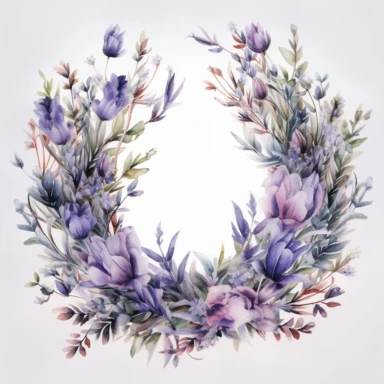Watercolor Painting of beautiful multi - headed Lavender Wreath FLOWERS on white background DETAILED ILUSTRATION, Flora Design Patterns, Flemish Baroque by Rachel Ruysch, Behance, Rococo, Intricate Detailed, Soft Light Effect, Oil Paint Strokes, Light Academia Aesthetic Flowers, Lighting cinematic, all shown shimmering stamens, tyndall light, texture, colorful, 8k, fantasy, ray tracing, vivid, spectacular lighting, octane rendering, highly detailed, ultra - realistic, white background, clipart