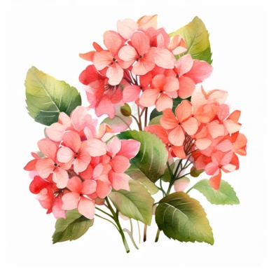 salmon colored hydrangea flowers arrangement with watercolor effect,suitable for digital clipart,white background,green leaves
