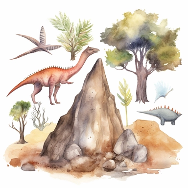 Watercolor stoneage nature, vulcano, trees, Dinosaur bone, Clipart
