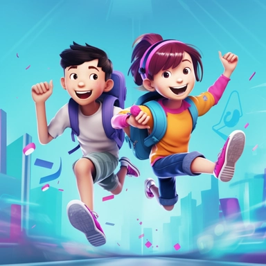 POPMARTstyle, OC renderer,a boy and a girl under 10 years old are depicted in detail from the front, Jumping and running happily with a backpack on their back，The action pose of opening the Bilibili APP logo. wide-eyed, smiling, They are located in a future technology museum, with electronic and lighting elements of the future. The boy has big eyes, wide-eyed,short hair, and wears primarily blue casual sportswear with a smart pen in his hand, School bag. The girl also has big blue eyes, wide-eye