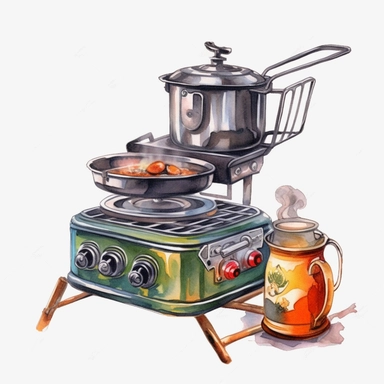 watercolor, camp stove - Clip art of a camping stove or cooking gear. png Full body realistic cartoon in 32K UHD cute. 15 cm thick outline. Black color. There was no shadow on the ground. 8k with realistic watercolors and detailed illustrations. PNG clipart, transparent white background