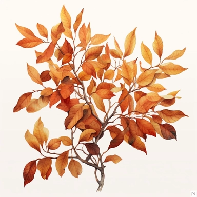 watercolor, hyper realistic, white background, white margins, 16k, ultra detailed clipart, cut out image, hand-drawn a branch with several leaves in different stages of falling, displaying a mix of warm tones like terracotta, ochre, and sienna.