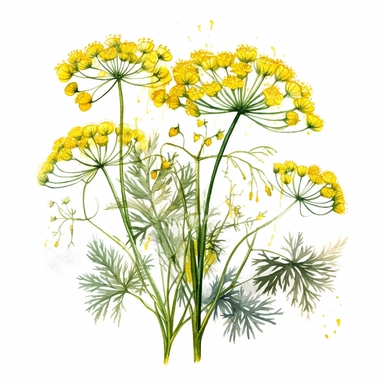 A clipart of a flowering dill plant, featuring its bright yellow umbels clipart, white background, watercolor sophisticated drawing