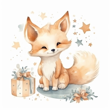 cute watercolor newborn soft beige baby fox toy smiling with stars and birthday cake, watercolor effect, isolated white background, babyshower clipart, soft beige tones