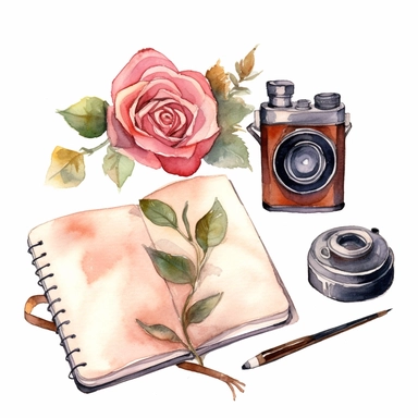 watercolor planner cute rustic roses desk, one cell phone, one tablet clipart on white background - @Konstantina (fast)