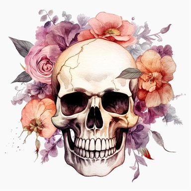 Skull decorated with watercolor roses and carnations, white background, watercolor floral skull clipart